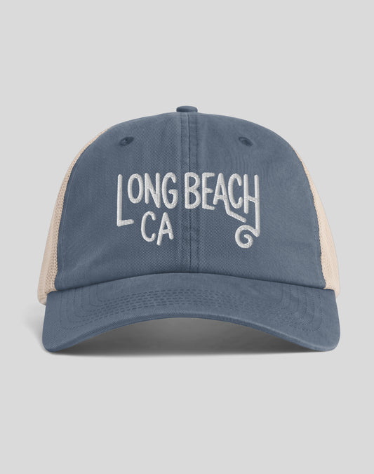 Long Beach Swirl Sunwashed Trucker Hat | Denim/Tan