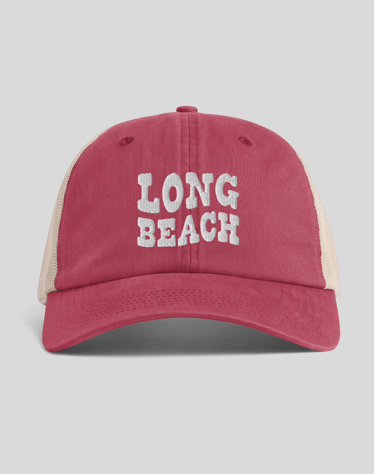 Long Beach Vibes Sunwashed Trucker Hat | Crimson/Tan