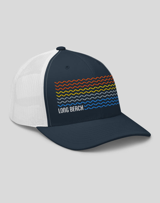 Long Beach Sunset Wave Trucker Hat | Navy/White