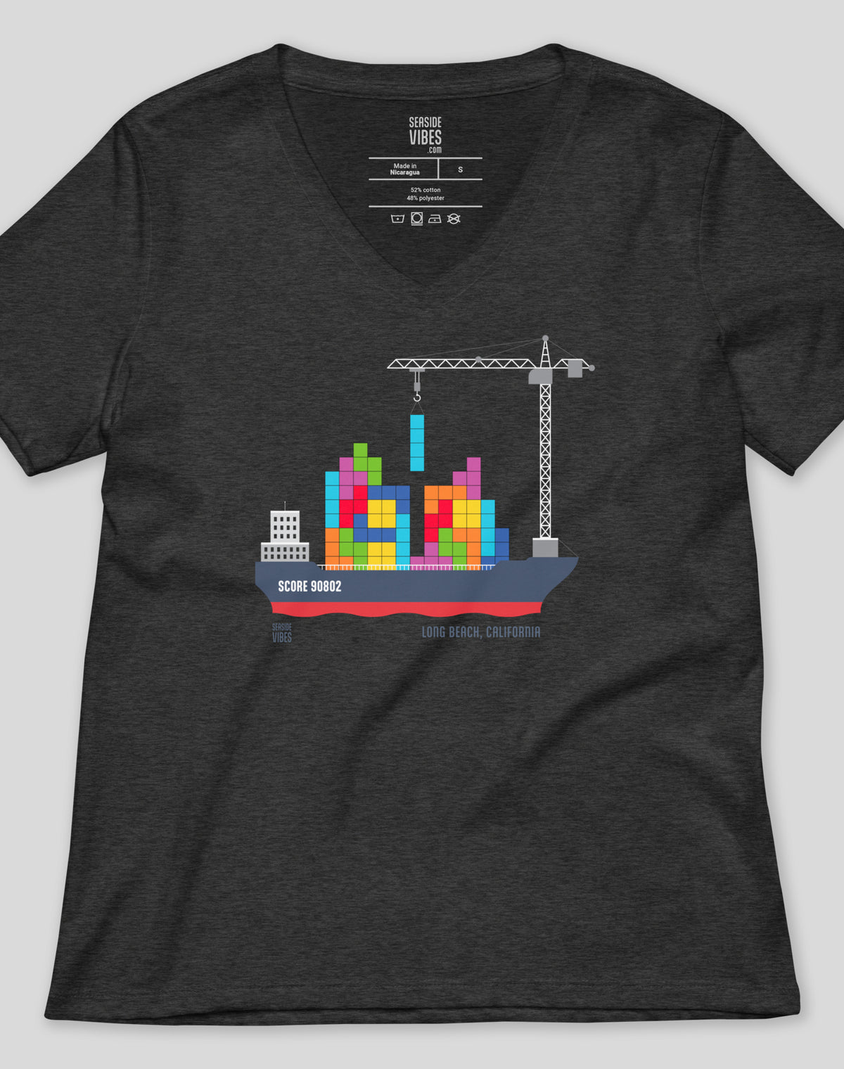 V-Neck: Long Beach Tetris Container Ship Tee | Dark Grey Heather