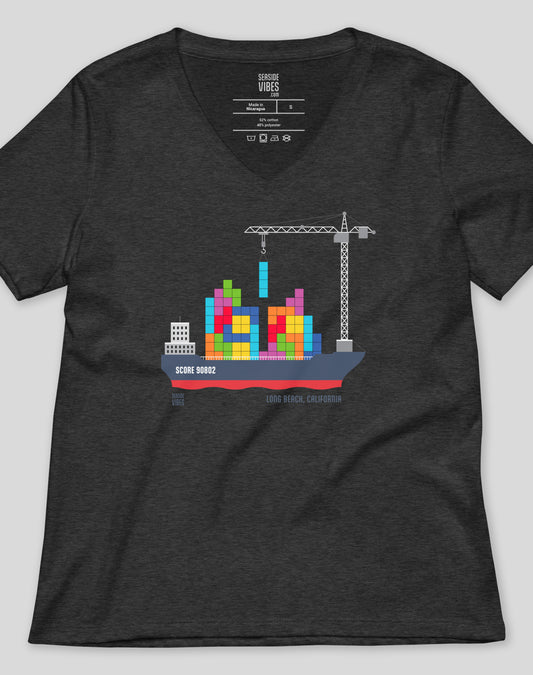 V-Neck: Long Beach Tetris Container Ship Tee | Dark Grey Heather