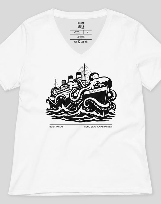 V-Neck: Long Beach Built to Last Queen Mary Tee - White