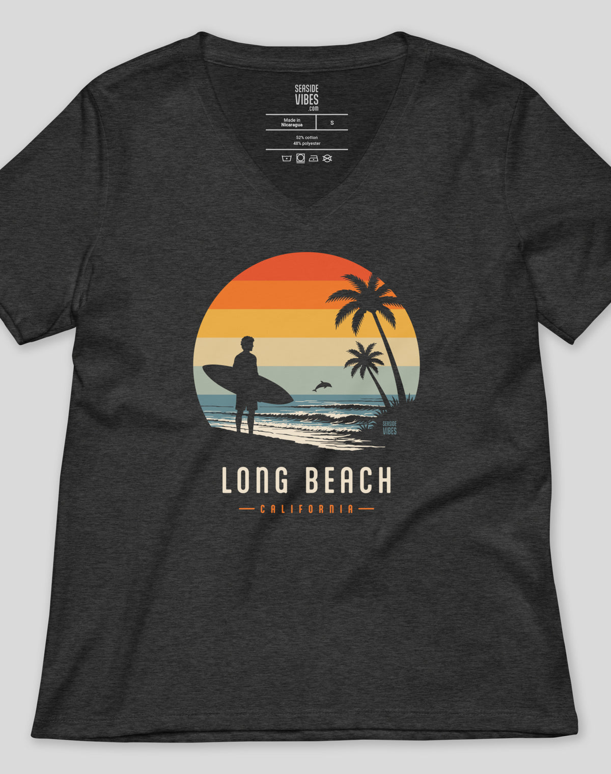 V-Neck: Long Beach Away From Keyboard Tee | Dark Grey Heather