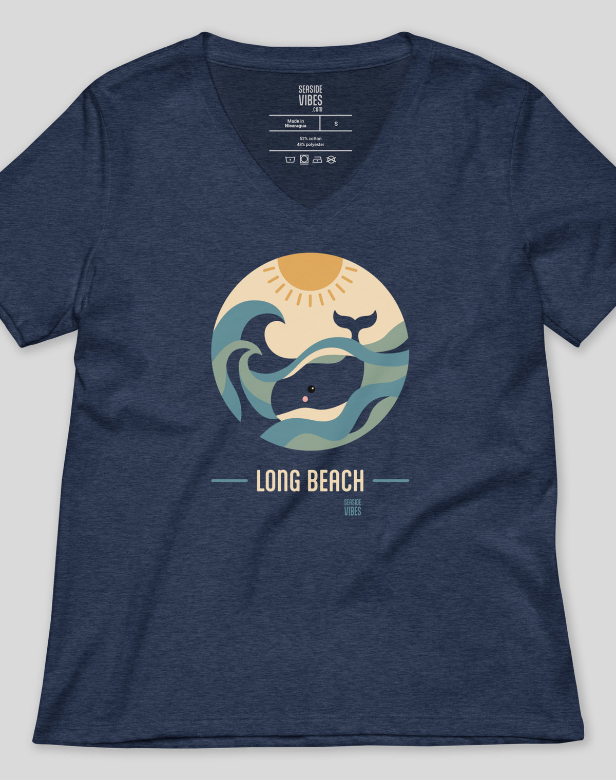 V-Neck: Long Beach Whale Sunset Tee - Heather Navy