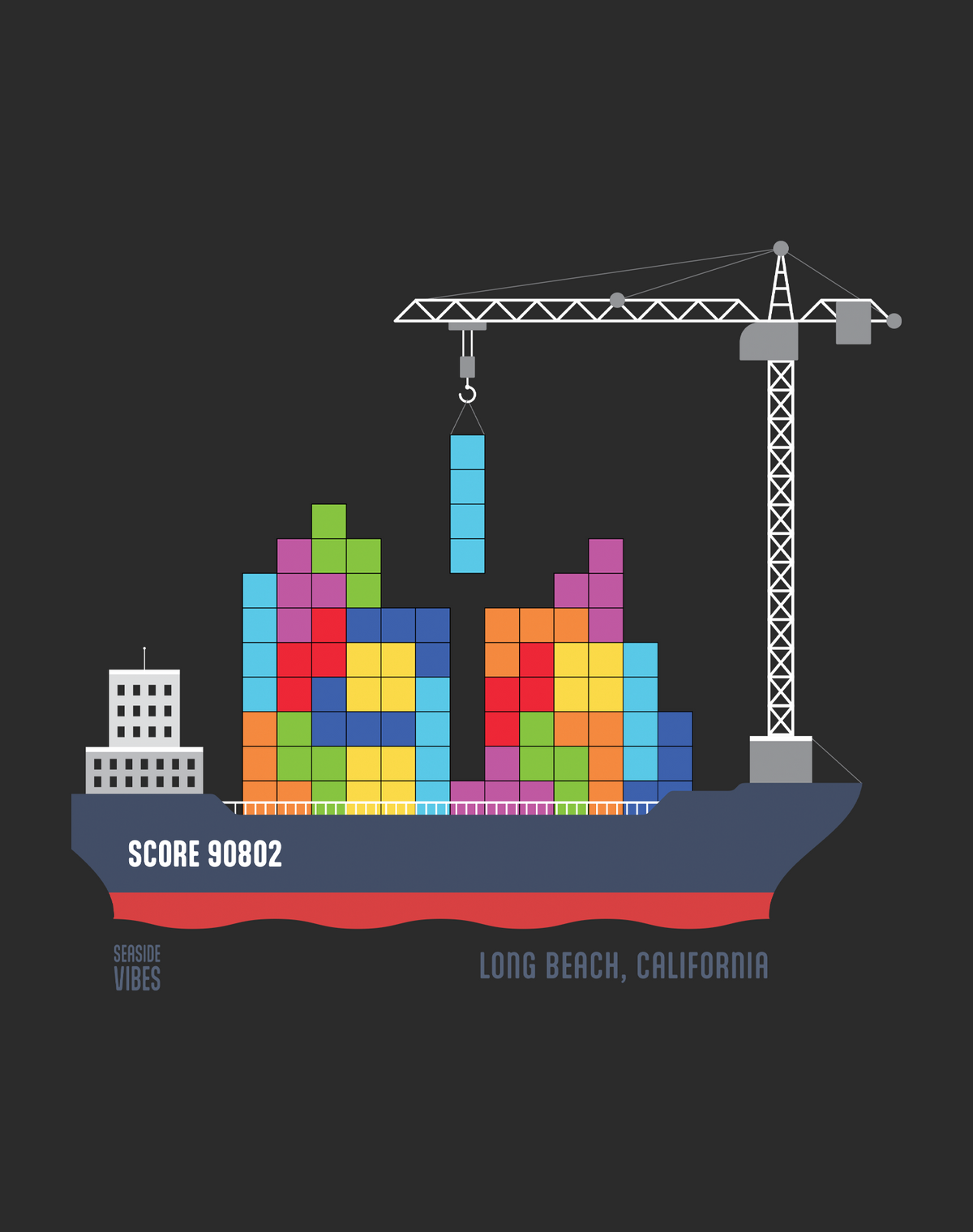 V-Neck: Long Beach Tetris Container Ship Tee | Dark Grey Heather