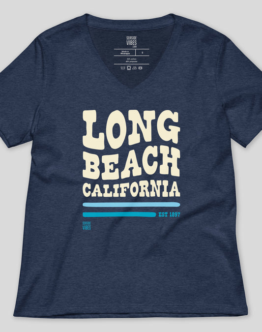 V-Neck: Long Beach Vibes Tee - Heather Navy