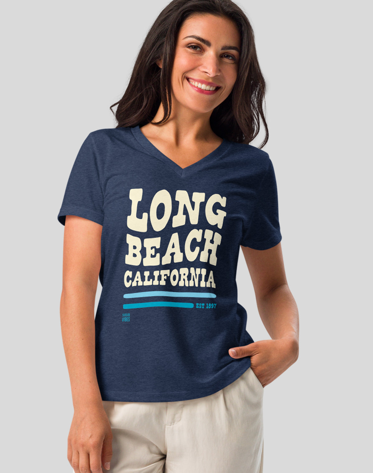 V-Neck: Long Beach Vibes Tee - Heather Navy