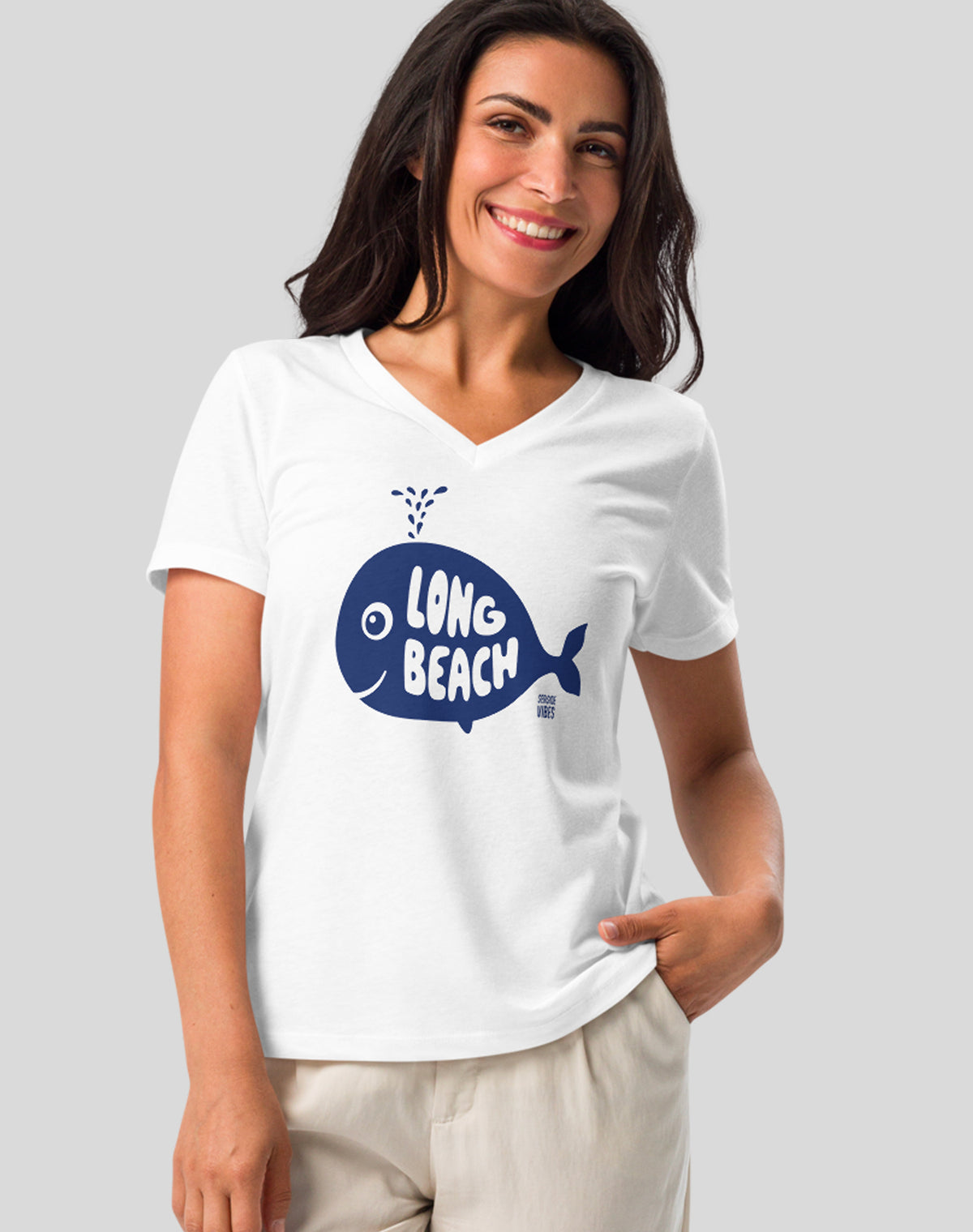 V-Neck: Long Beach Whale of a Tee - White