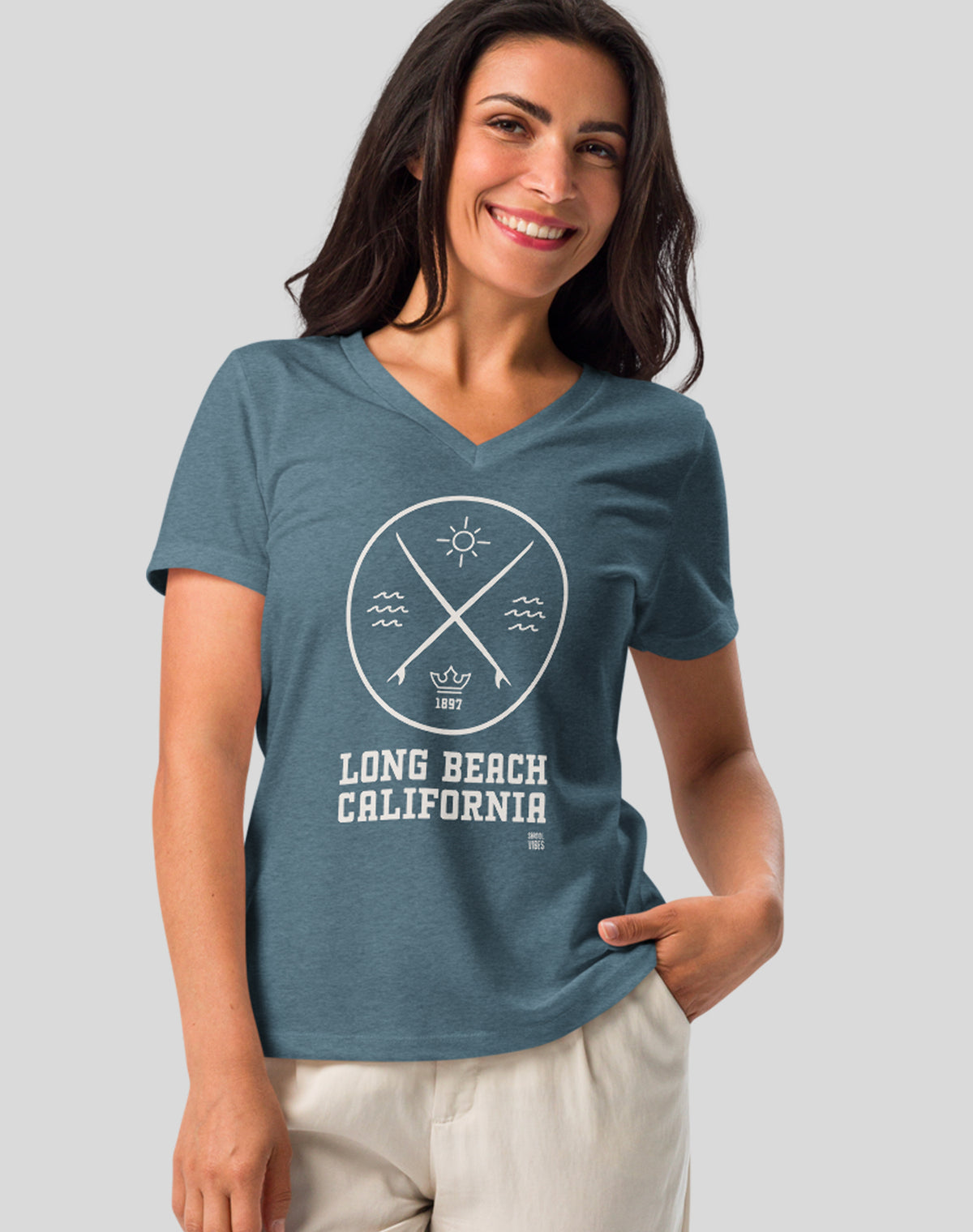 V-Neck: Long Beach Surf Tee | Heather Slate