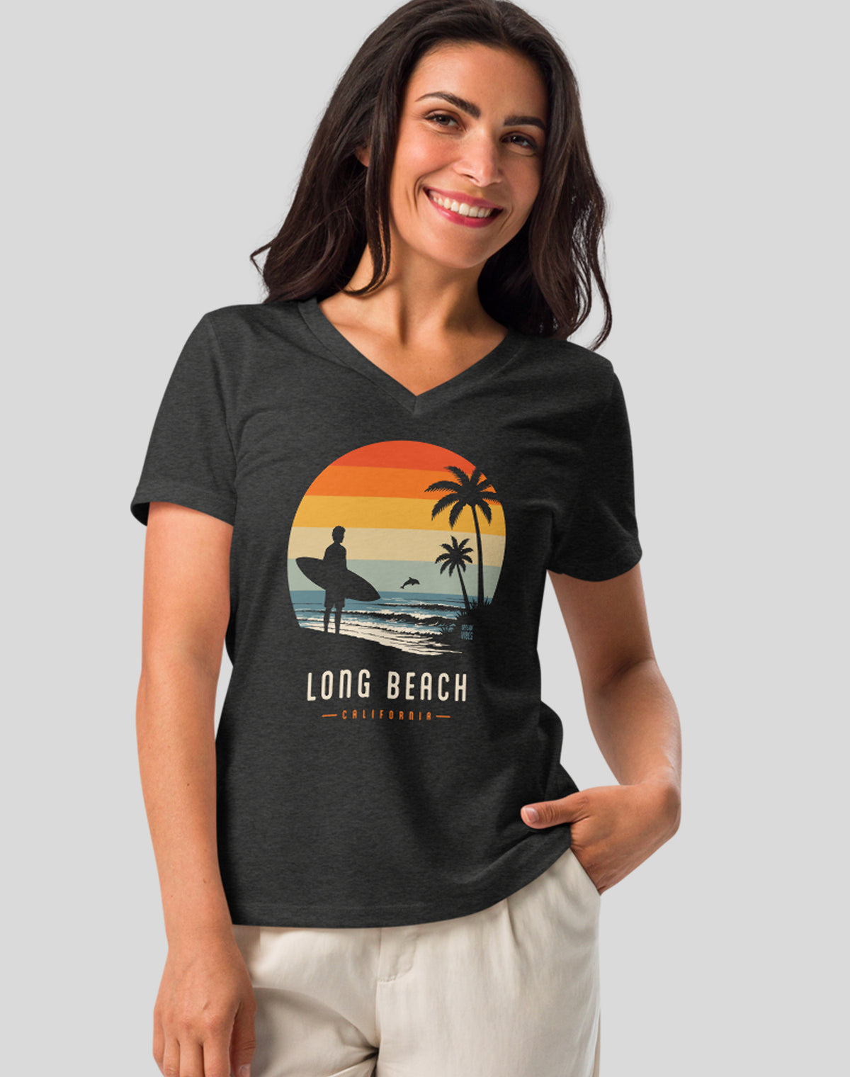 V-Neck: Long Beach Away From Keyboard Tee | Dark Grey Heather