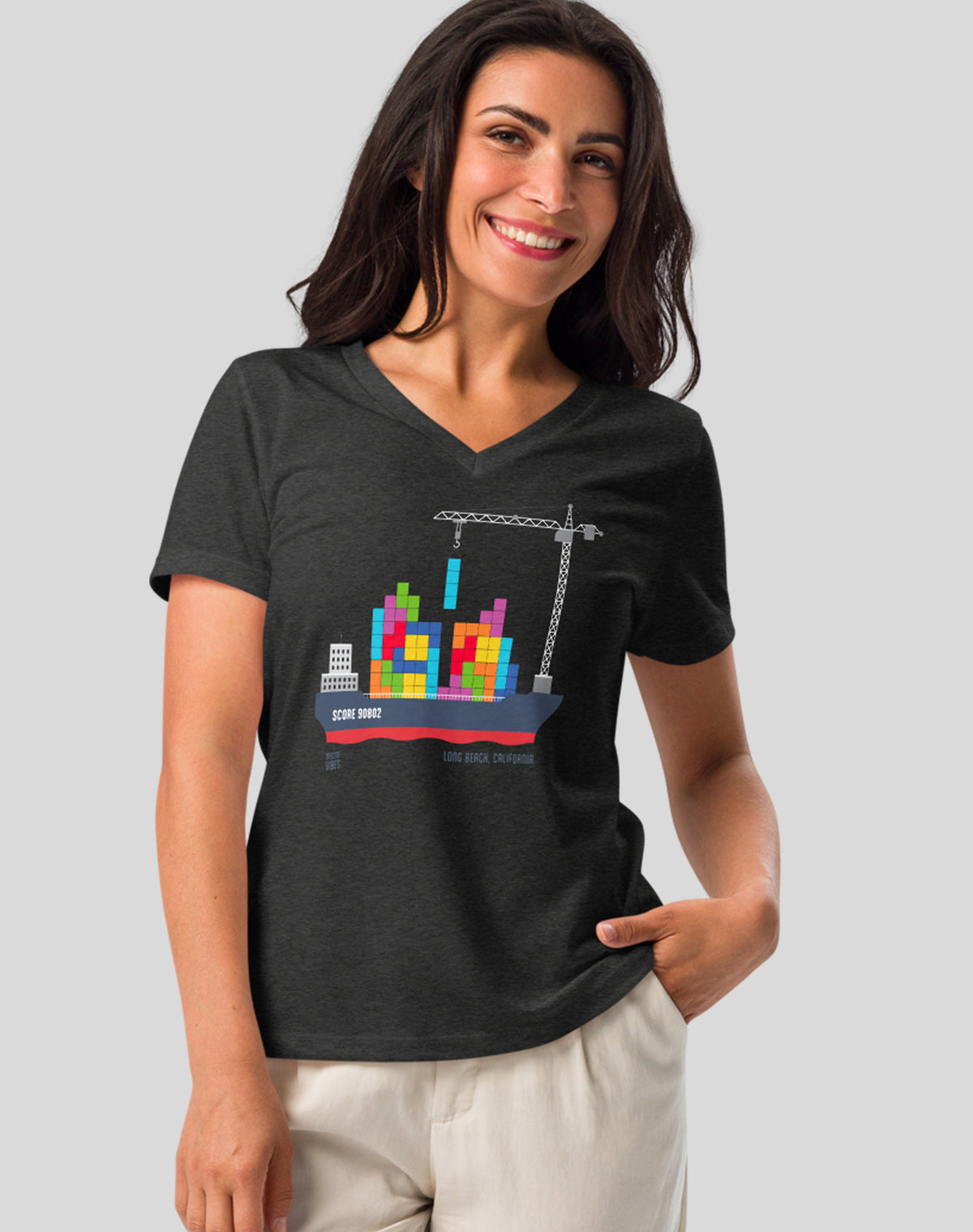V-Neck: Long Beach Tetris Container Ship Tee | Dark Grey Heather