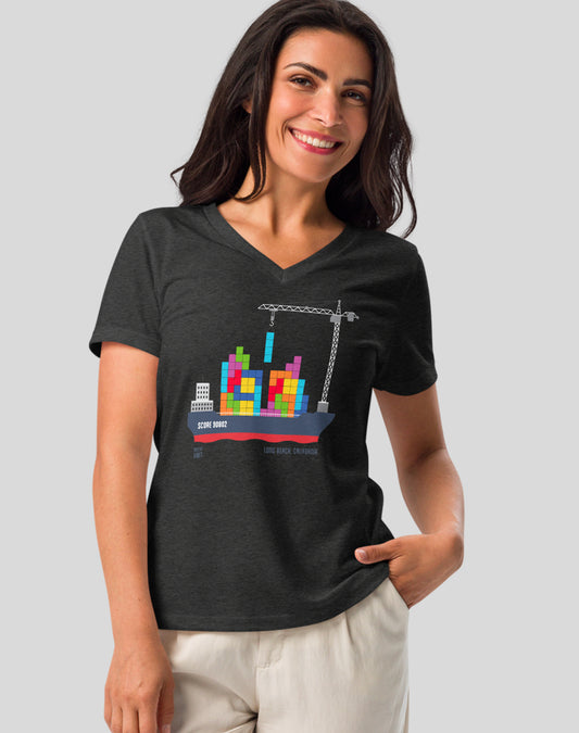 V-Neck: Long Beach Tetris Container Ship Tee | Dark Grey Heather