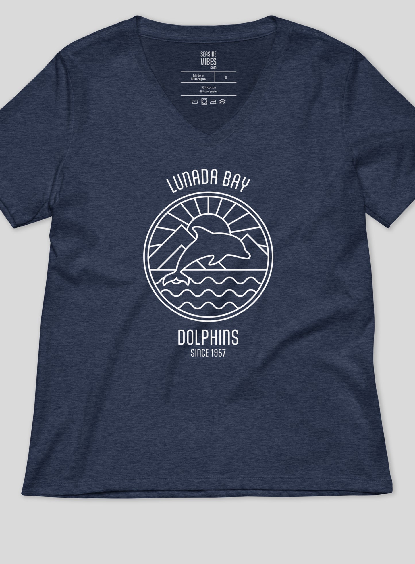 V-Neck: Lunada Bay Dolphins Sunrise Tee - Heather Navy