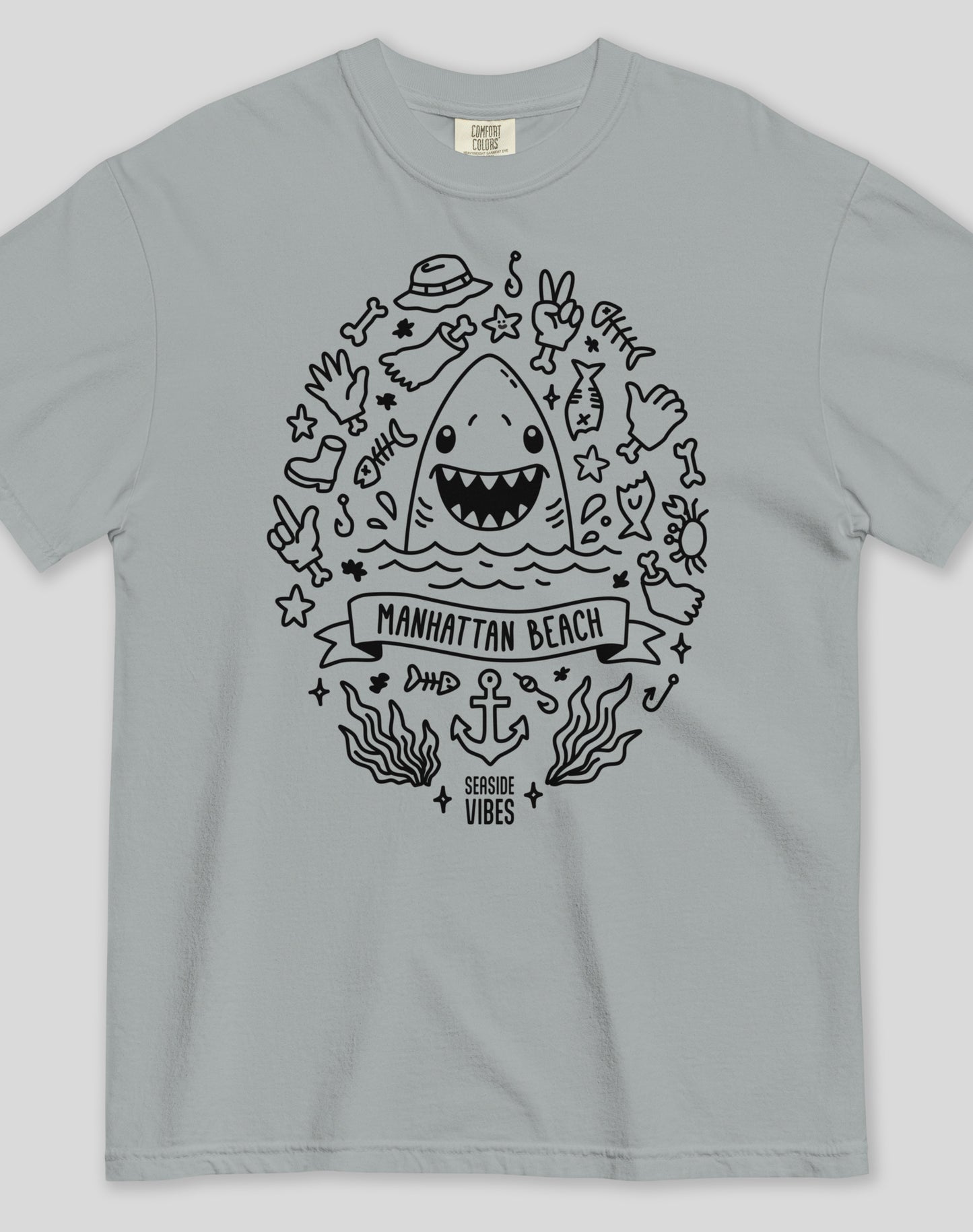 Unisex: Shark Attack! Manhattan Beach Tee - 100% Cotton | Granite