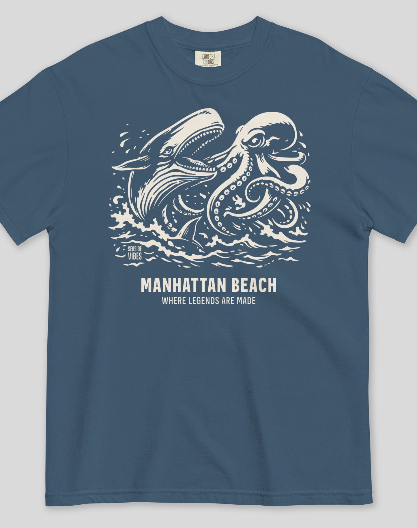 Unisex: Manhattan Beach Octopus vs Whale Legends Tee - 100% Cotton | Midnight