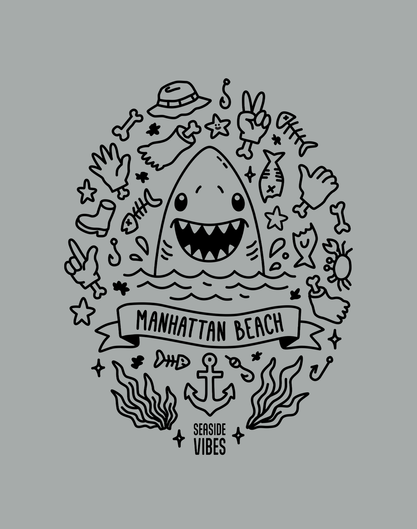 Unisex: Shark Attack! Manhattan Beach Tee - 100% Cotton | Granite