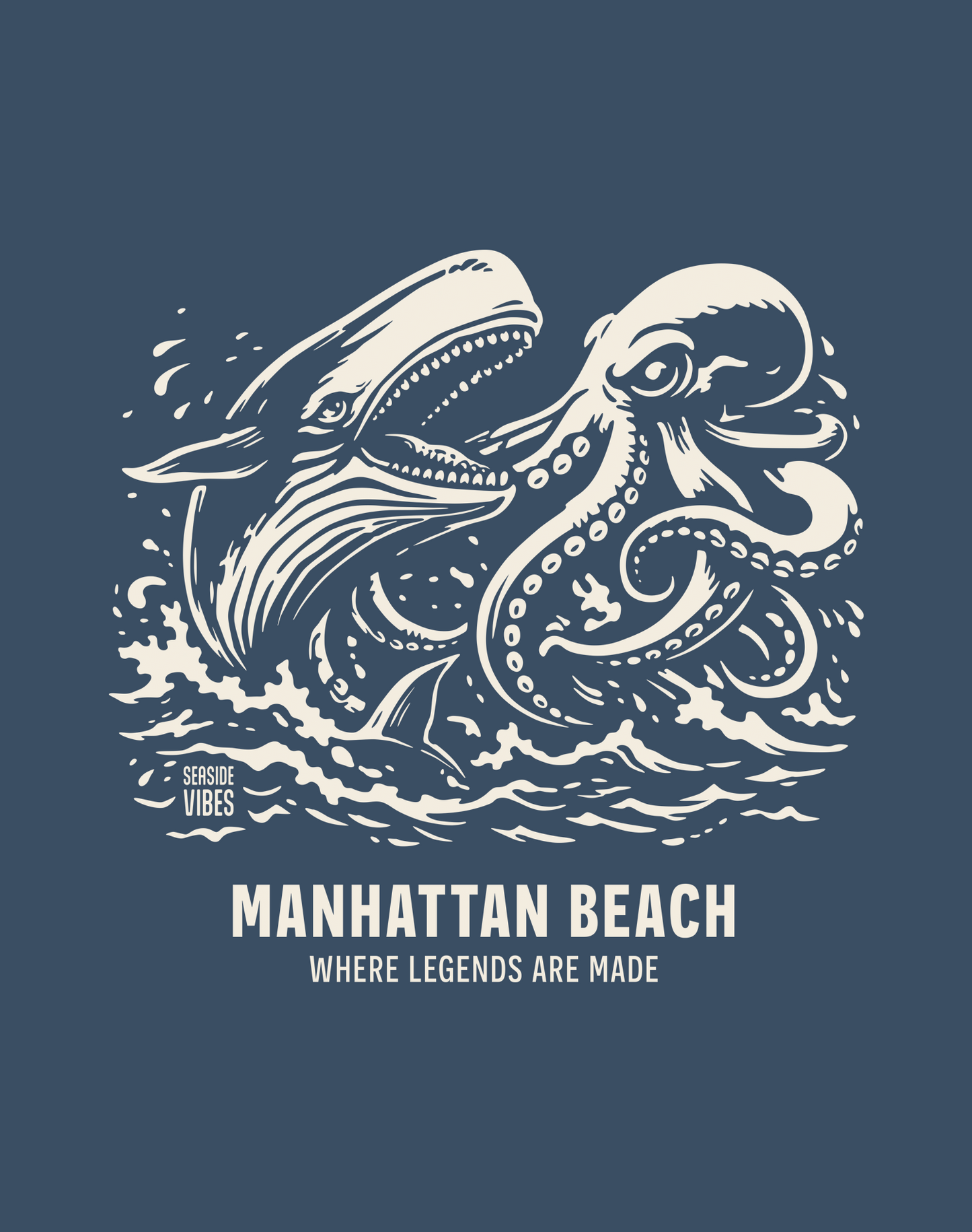 Unisex: Manhattan Beach Octopus vs Whale Legends Tee - 100% Cotton | Midnight