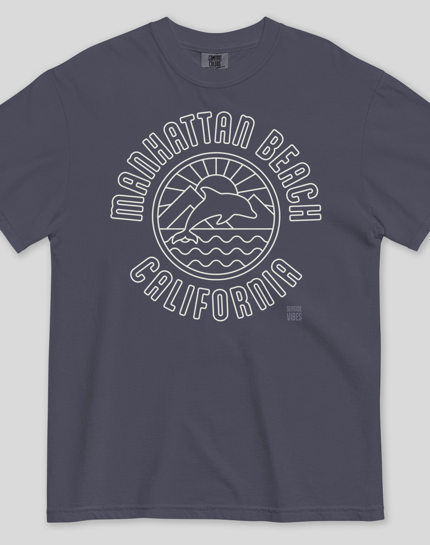 Unisex: Manhattan Beach Dolphin Sunset Tee - 100% Cotton | Navy