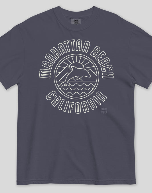 Manhattan Beach Dolphin Sunset Tee - Premium 100% Cotton | Navy