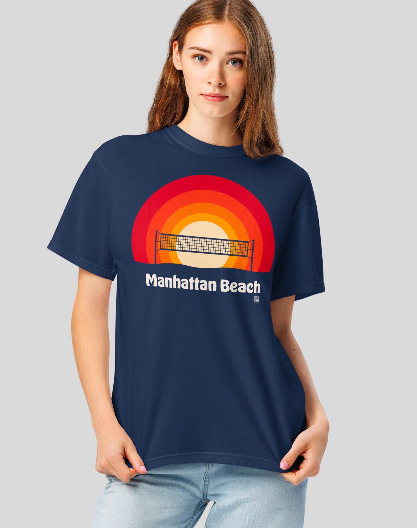 Unisex: Manhattan Beach Sunset Tee - 100% Cotton | True Navy