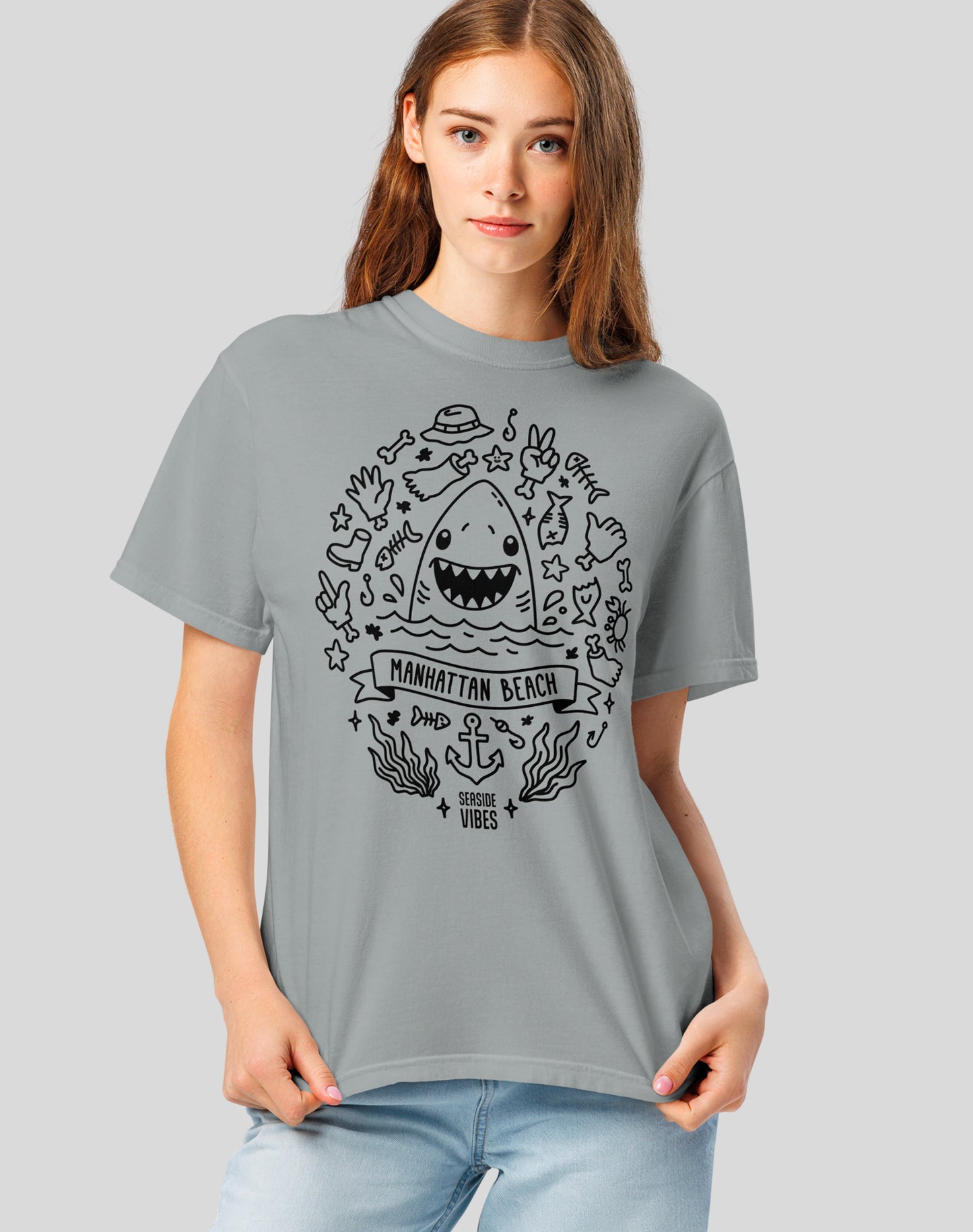 Unisex: Shark Attack! Manhattan Beach Tee - 100% Cotton | Granite