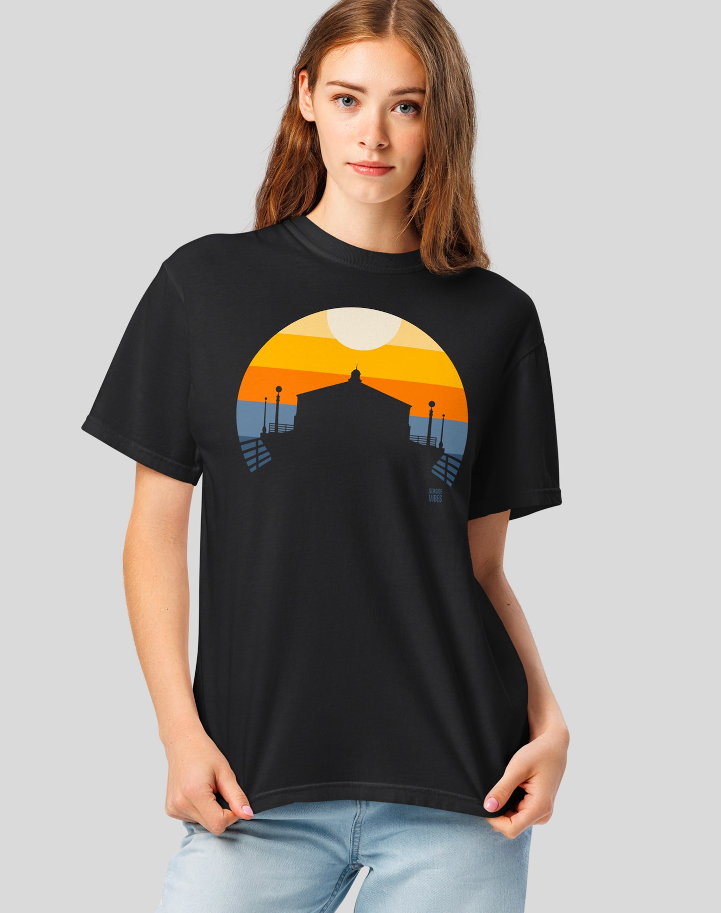 Unisex: Manhattan Beach Pier Sunset Tee - 100% Cotton | Black