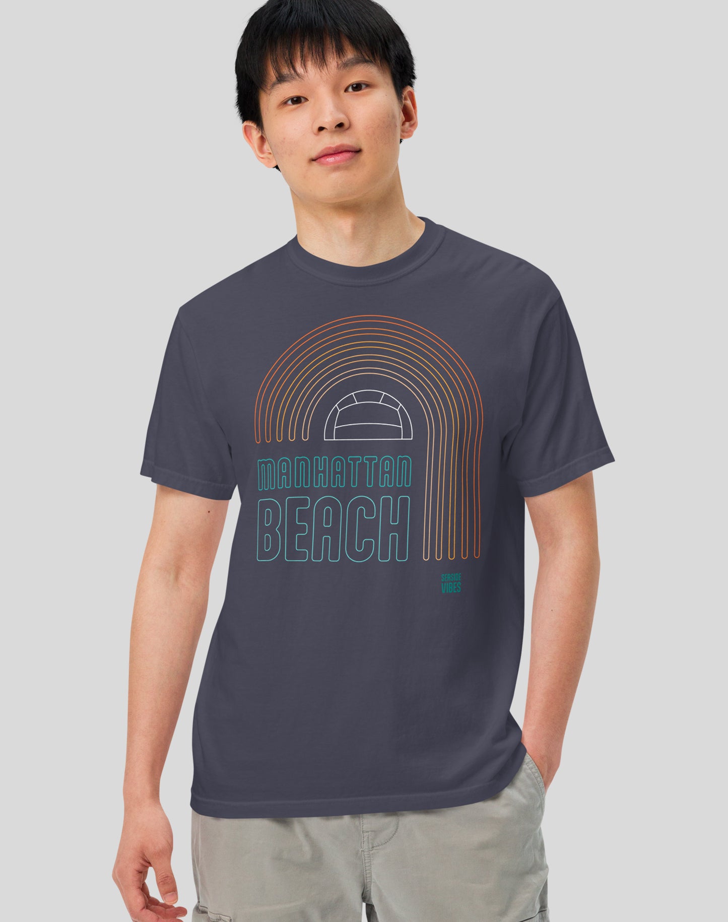 Unisex: Manhattan Beach Neon Rainbow Tee - 100% Cotton | Navy