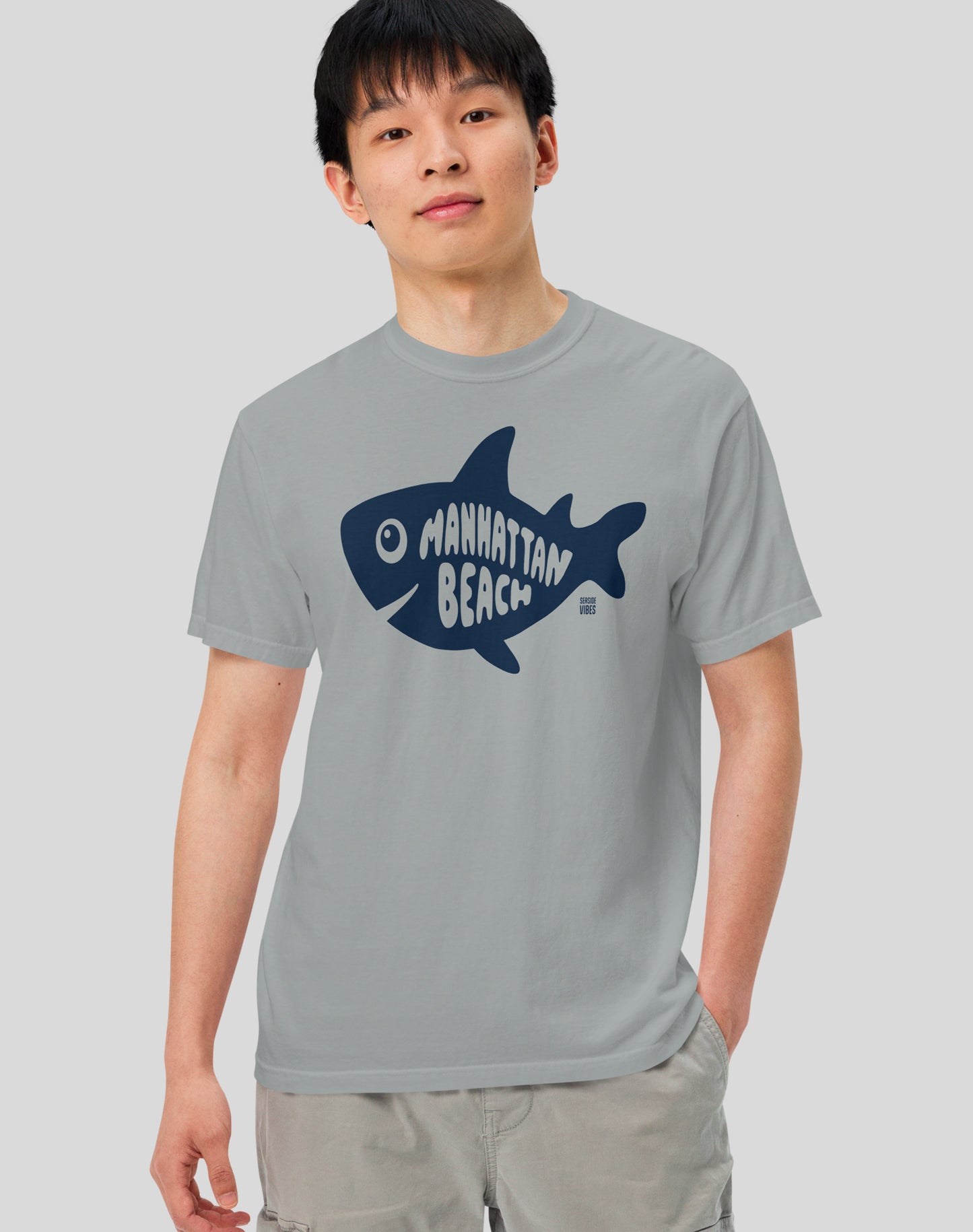 Unisex: Manhattan Beach Shark Tee - 100% Cotton | Granite