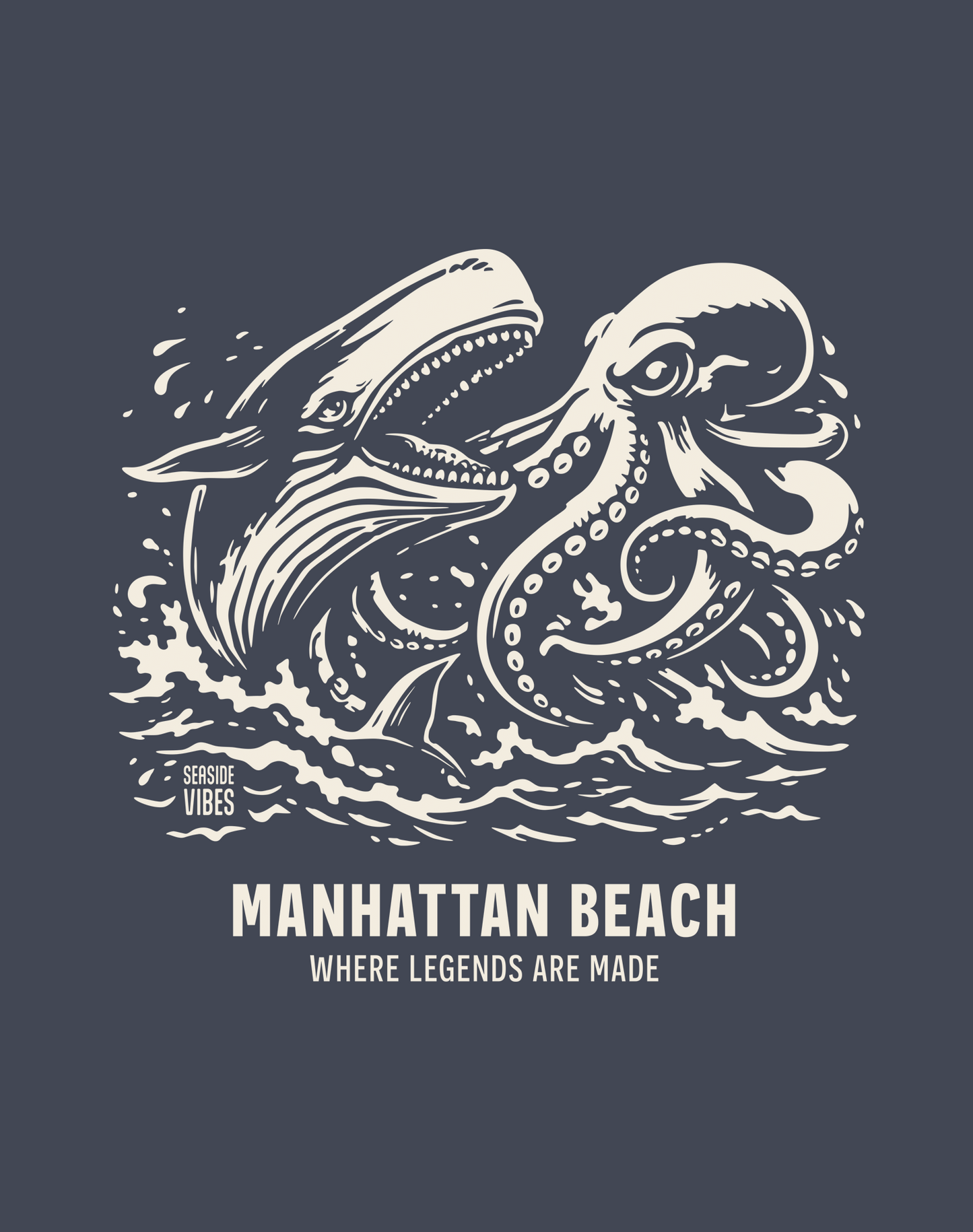 Manhattan Beach Octopus vs Whale Legends Tee - Unisex | Heather Navy