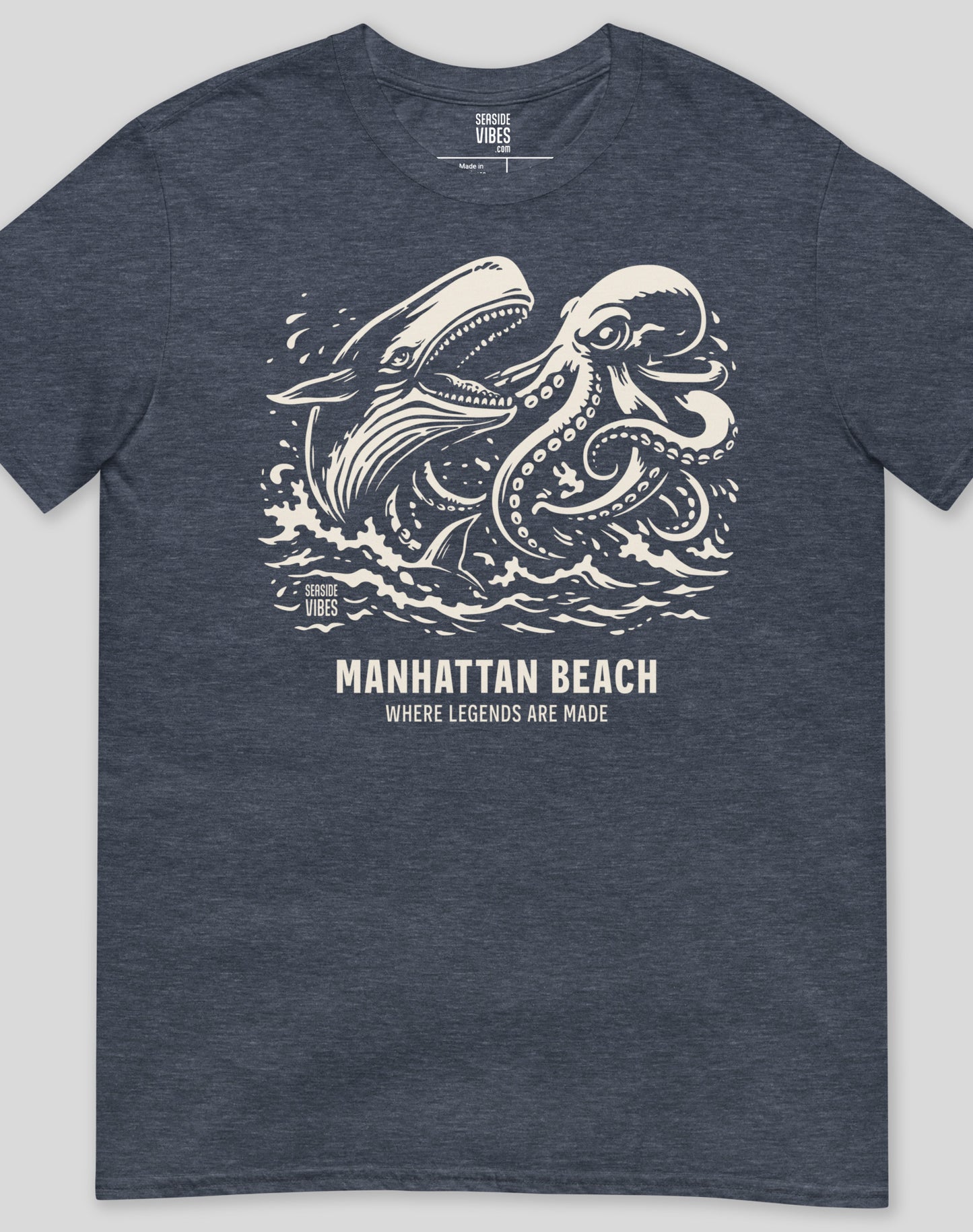 Manhattan Beach Octopus vs Whale Legends Tee - Unisex | Heather Navy