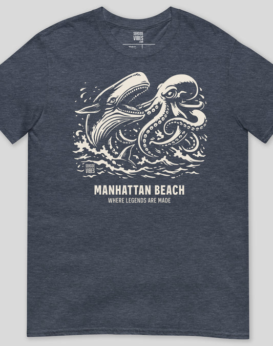 Manhattan Beach Octopus vs Whale Legends Tee - Unisex | Heather Navy