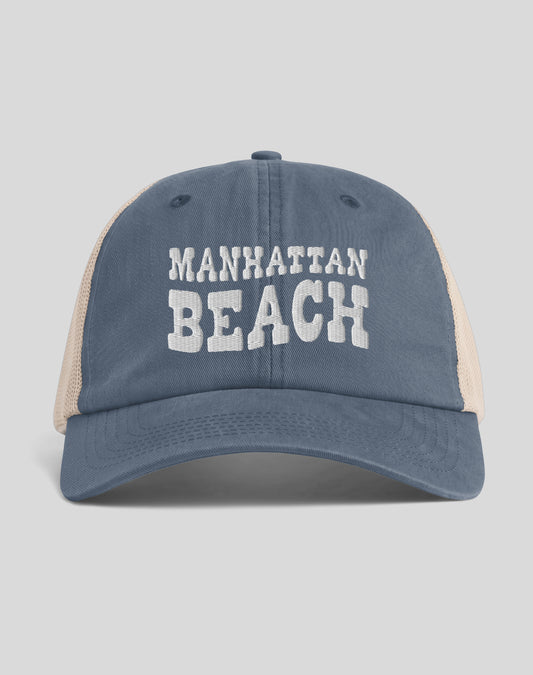 Manhattan Beach Vibes Sunwashed Trucker Hat | Denim/Tan