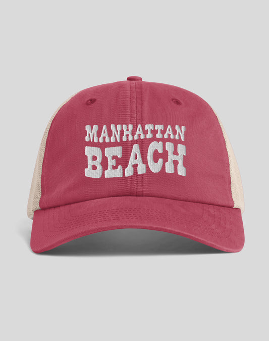 Manhattan Beach Vibes Sunwashed Trucker Hat | Crimson/Tan