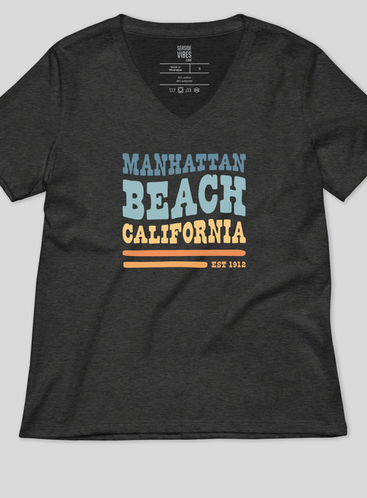 V-Neck: Manhattan Beach Vibes Tee - Dark Grey Heather