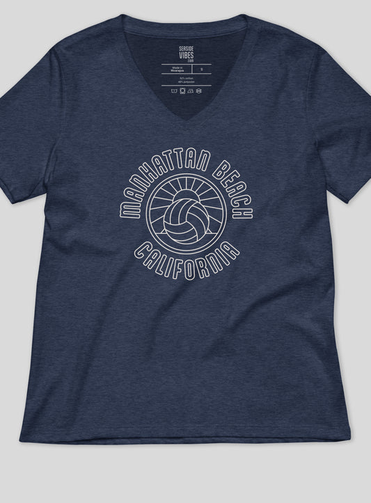 V-Neck: Manhattan Beach Volleyball Sunset Tee - Heather Navy
