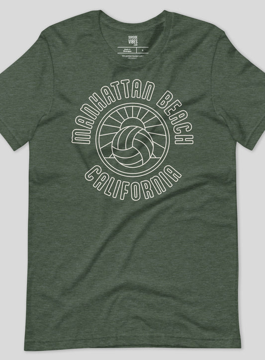 Unisex: Manhattan Beach Volleyball Sunset Tee - Heather Forest