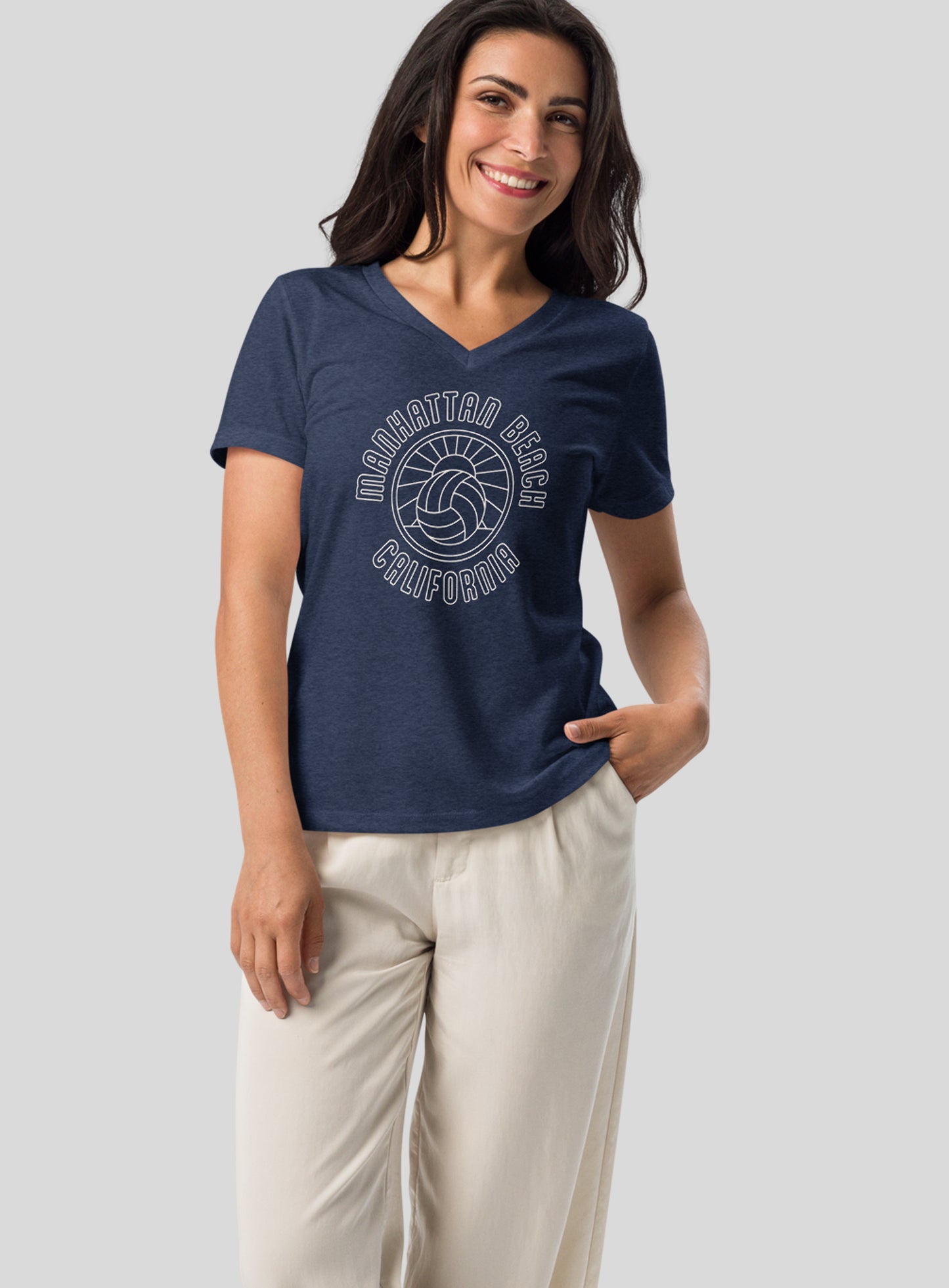 V-Neck: Manhattan Beach Volleyball Sunset Tee - Heather Navy