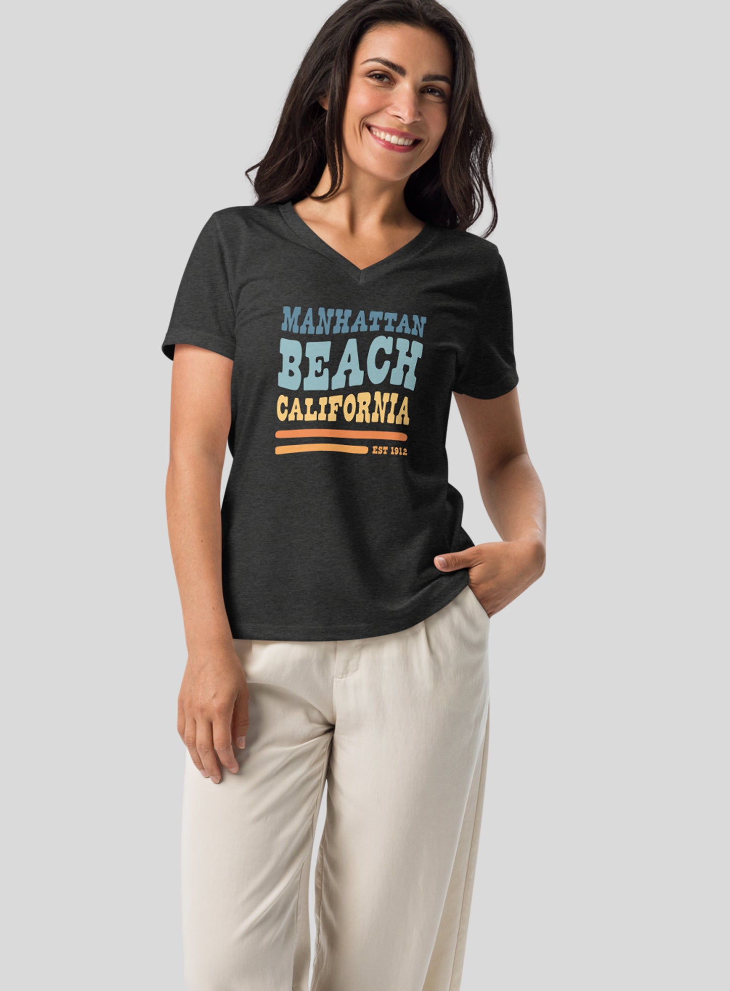 V-Neck: Manhattan Beach Vibes Tee - Dark Grey Heather