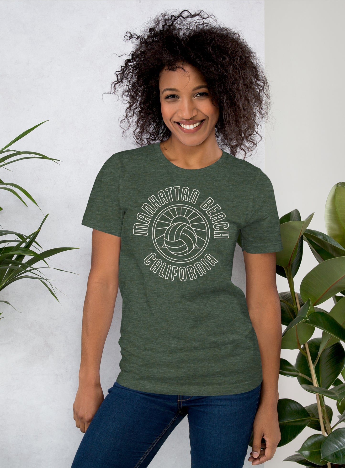 Unisex: Manhattan Beach Volleyball Sunset Tee - Heather Forest