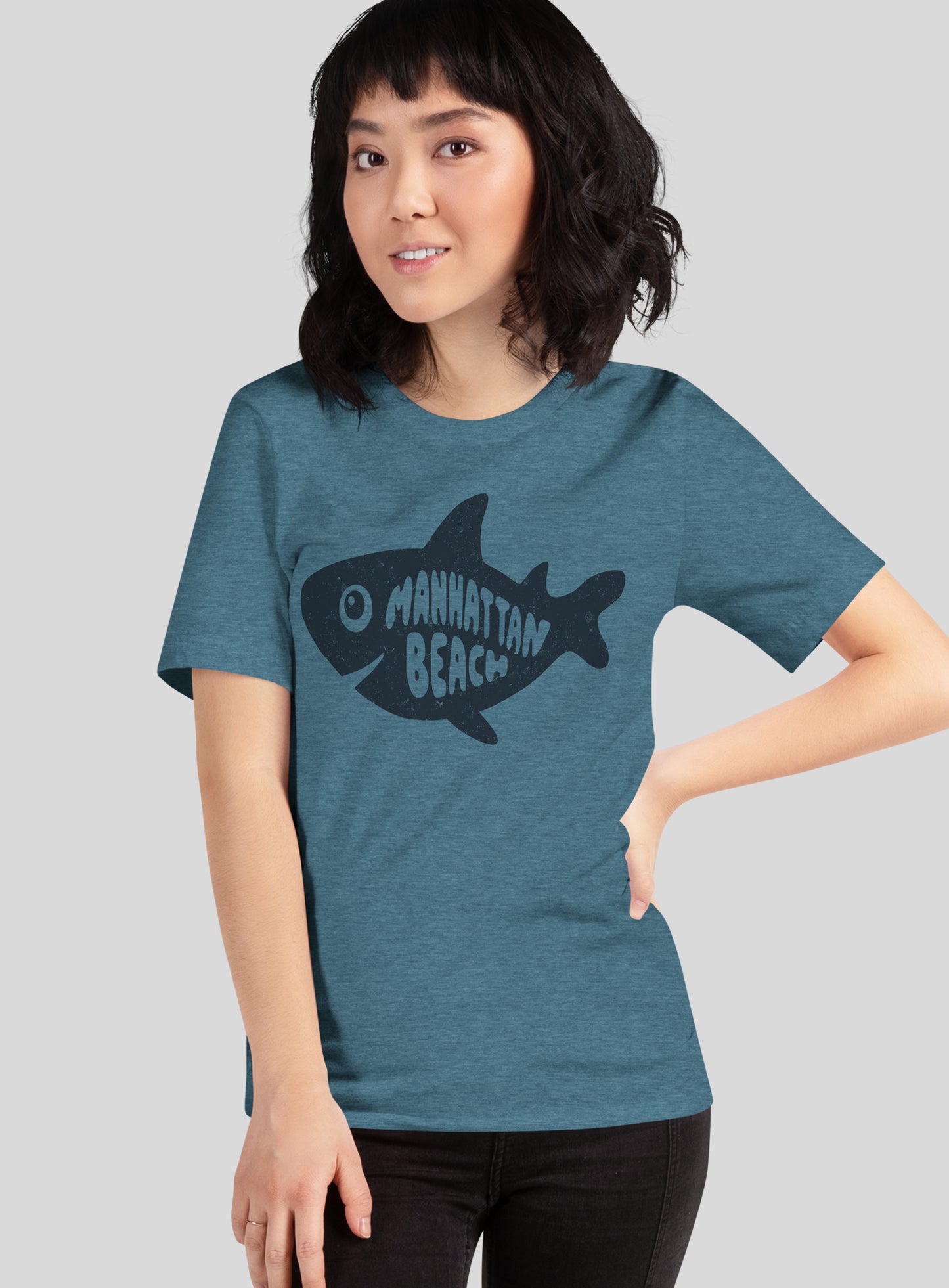 Unisex: Manhattan Beach Shark Tee - Heather Deep Teal