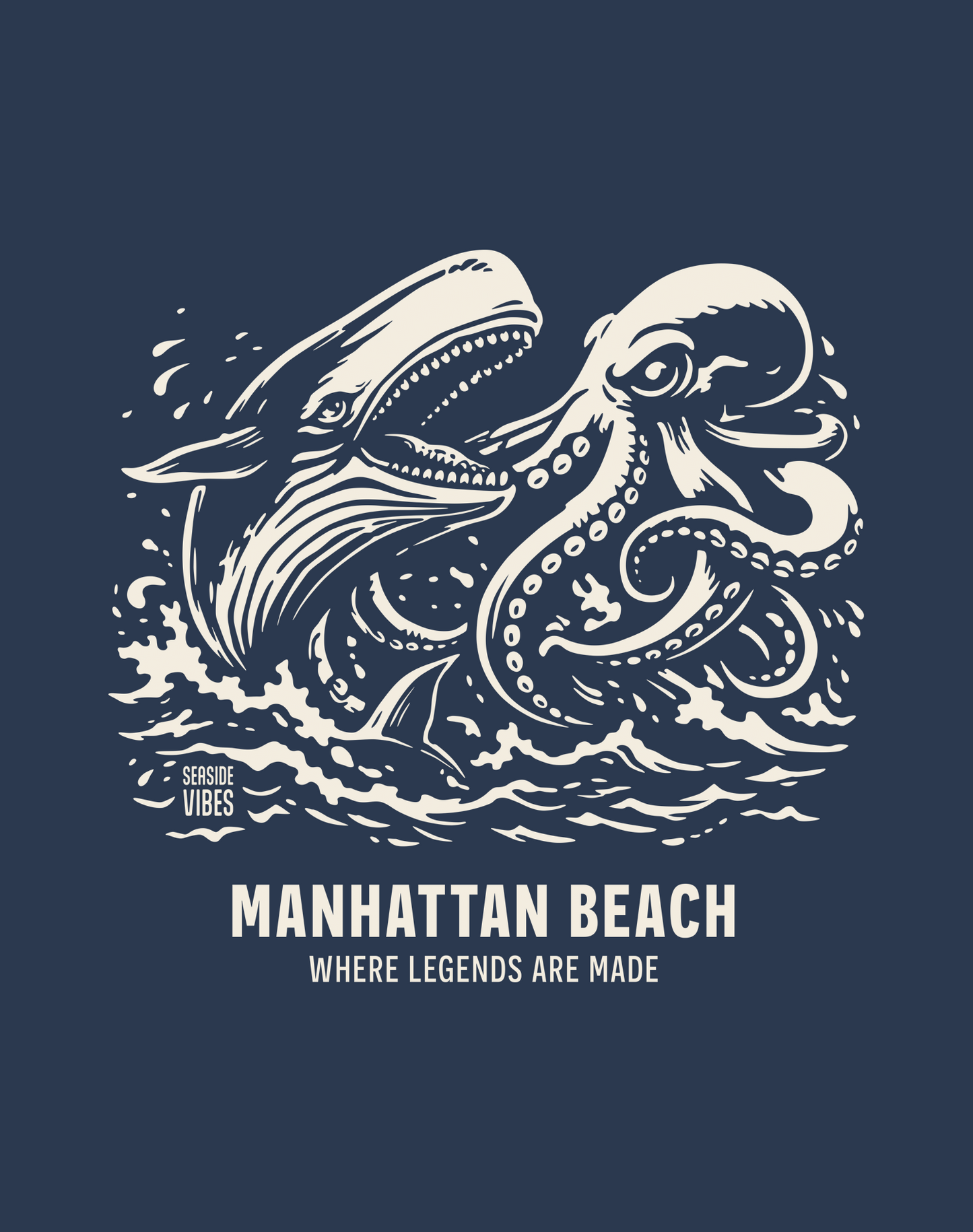 Manhattan Beach Octopus vs Whale Legends Tee - Cotton Blend | Midnight Navy