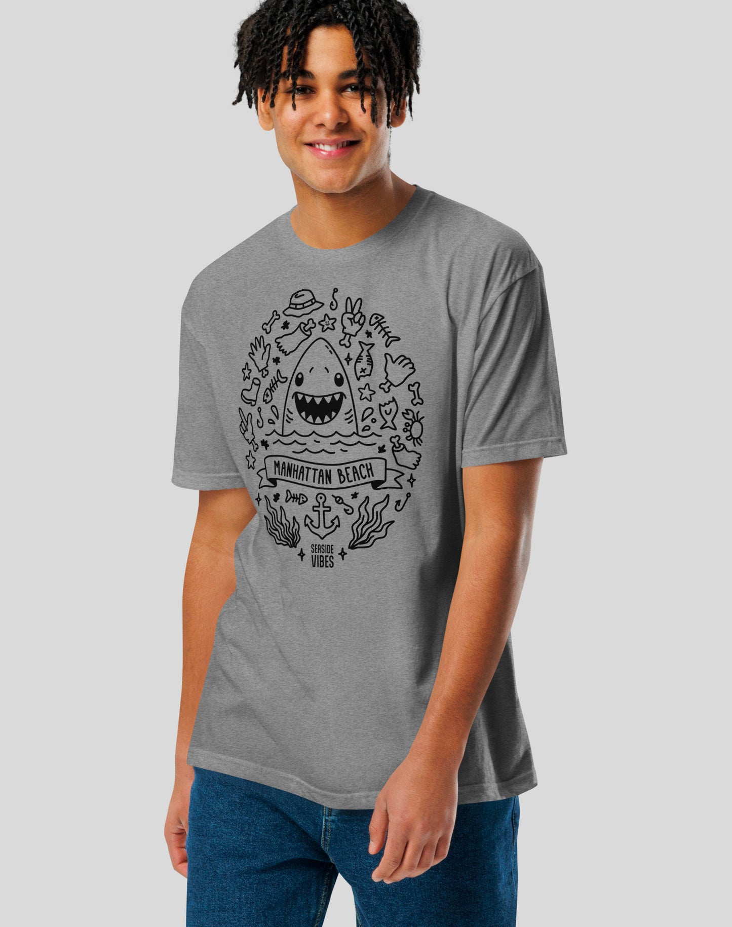 Manhattan Beach Shark Attack! Tee - Cotton Blend | Dark Heather Gray