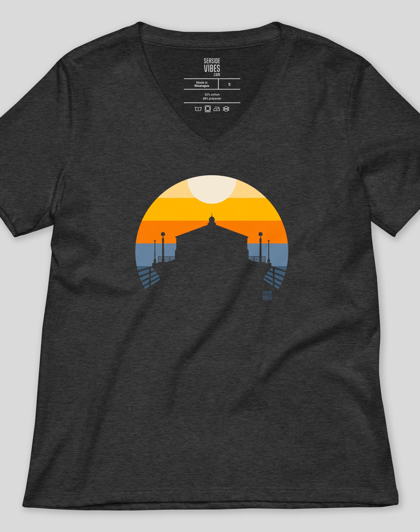 V-Neck: Manhattan Beach Pier Sunset Tee - Dark Grey Heather