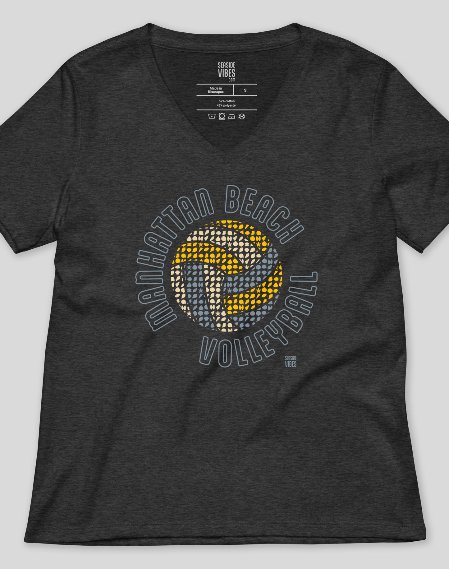 V-Neck: Manhattan Beach Volleyball Tee - Dark Grey Heather