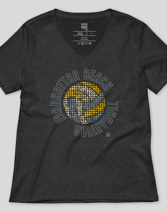 V-Neck: Manhattan Beach Volleyball Tee - Dark Grey Heather