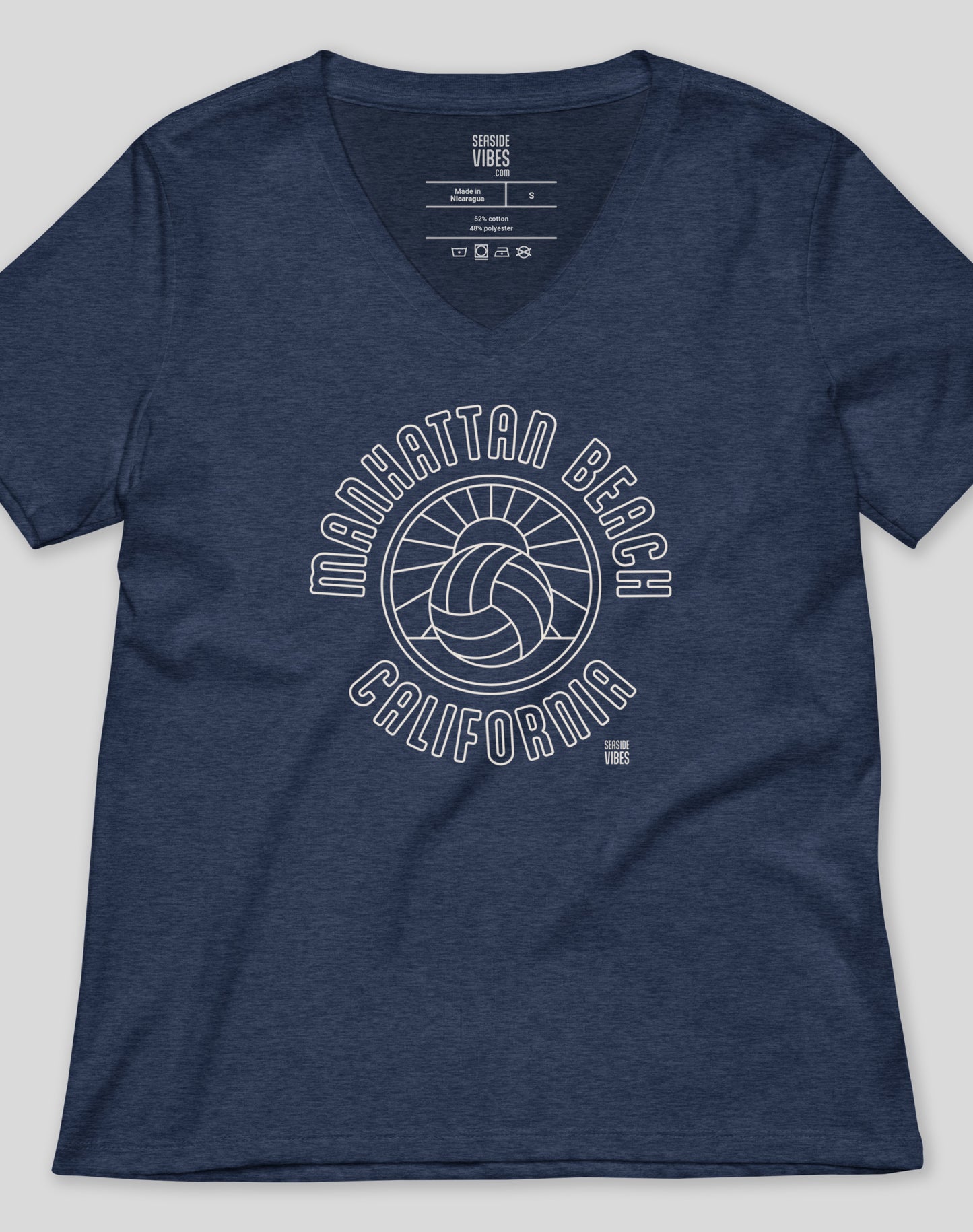 V-Neck: Manhattan Beach Volleyball Sunset Tee - Heather Navy