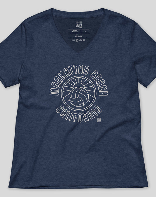 V-Neck: Manhattan Beach Volleyball Sunset Tee - Heather Navy