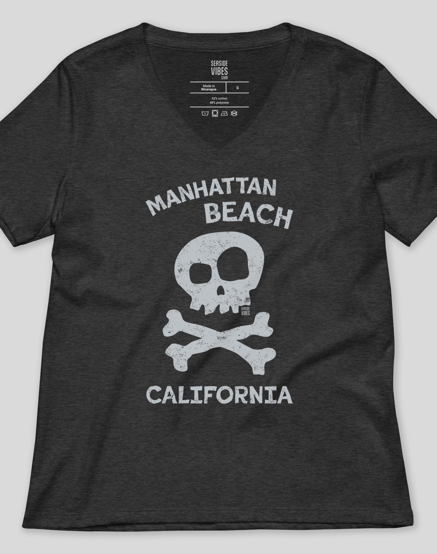 V-Neck: Manhattan Beach Skull & Bones Tee - Dark Grey Heather