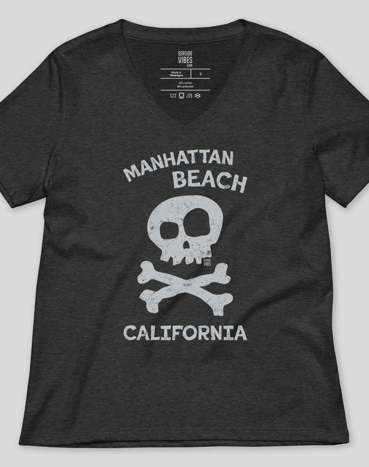 V-Neck: Manhattan Beach Skull & Bones Tee - Dark Grey Heather