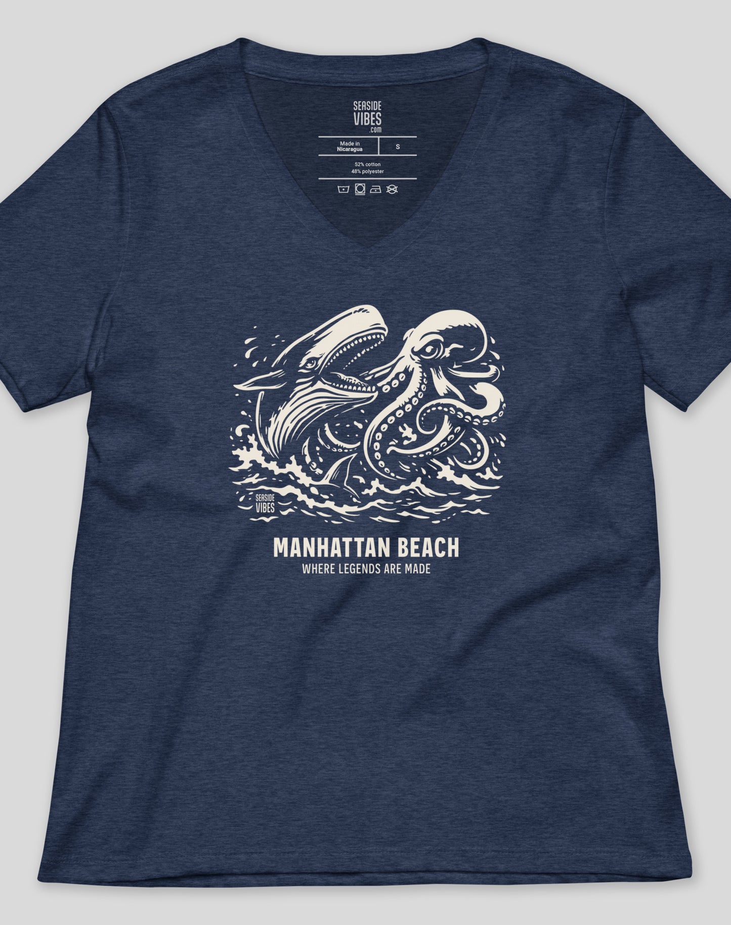 V-Neck: Manhattan Beach Octopus vs Whale Legends Tee | Heather Navy
